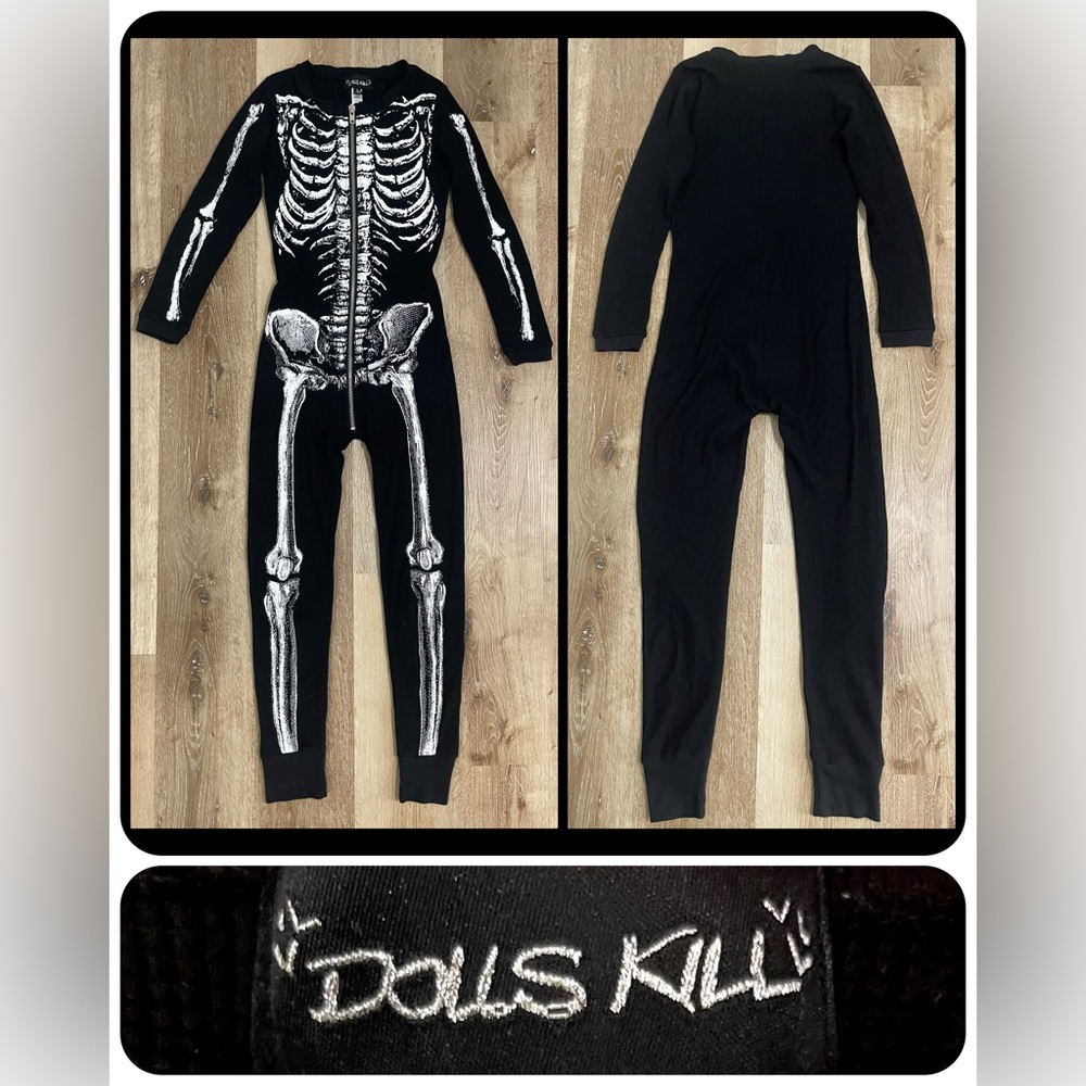 Dolls Kill TRICKZ N’ TREATZ Lazy Bones Thermal Zip-Up Onesie (S)